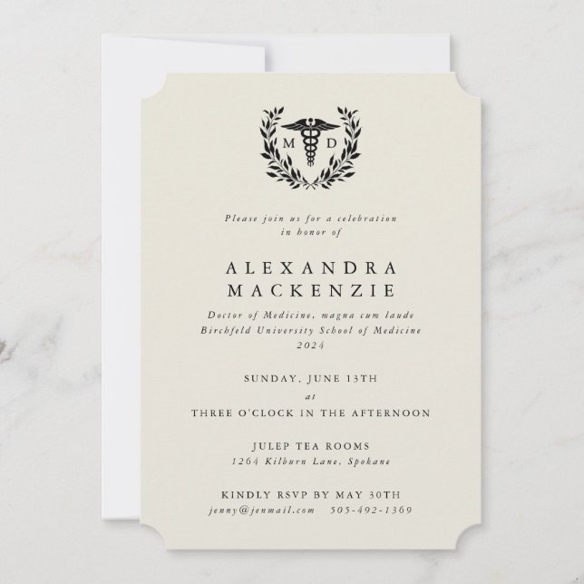 Invitation Cream MD Caduceus + Laurel Wreath Graduation (Devant)