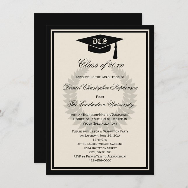 Invitation Cream Monogram Laurel Classic College Graduation (Devant / Derrière)