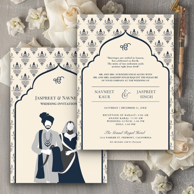 Invitation Cream Navy Blue Punjabi Anand Karaj Sikh Mariage (Créateur téléchargé)