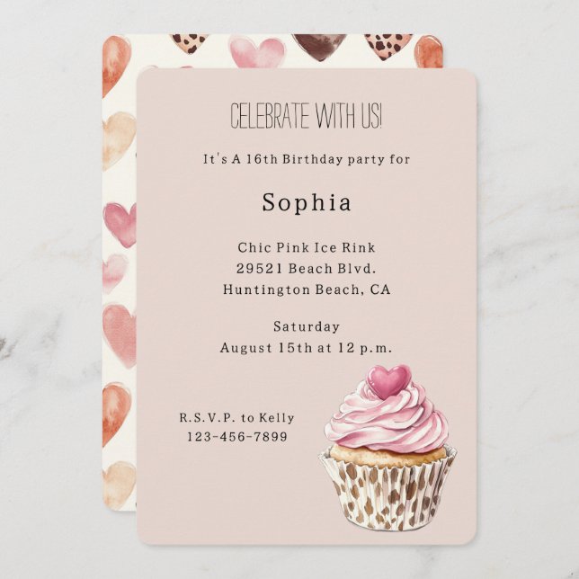 Invitation Cream Pink Heart Cupcake Leopard Birthday (Devant / Derrière)