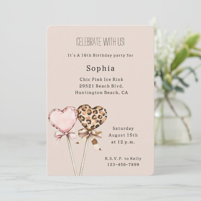 Invitation Cream Pink Leopard Hearts Birthday (Debout devant)