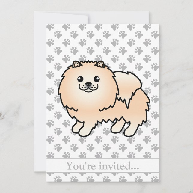Invitation Cream Pomeranian mignon dessin de chien fête d'ann (Devant)