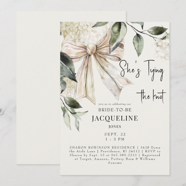 Invitation Cream Tying Knot Bow Hydrangea Wedding shower (Devant / Derrière)
