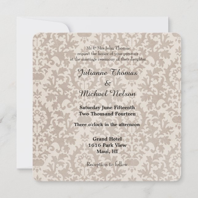 Invitation Cream Vintage Mariage damassé (Devant)