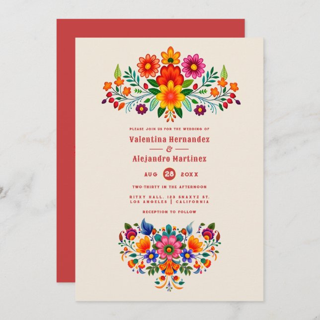 Invitation Creamy Linen & Fiesta Red Folk Art Fiesta Wedding (Devant / Derrière)