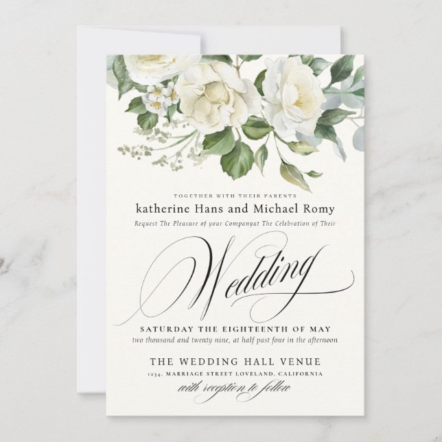 Invitation CreamyFloral Eucalyptus Script Calligraphy Wedding (Devant)