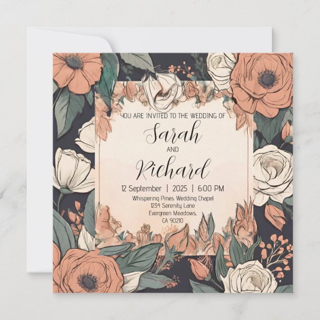 Invitation Création florale chic avec accents corail et crème (Devant)