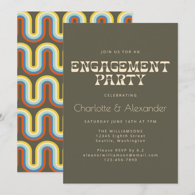 Invitation Création Rétro Funky des Années 70 en Vert Olive p (Devant / Derrière)