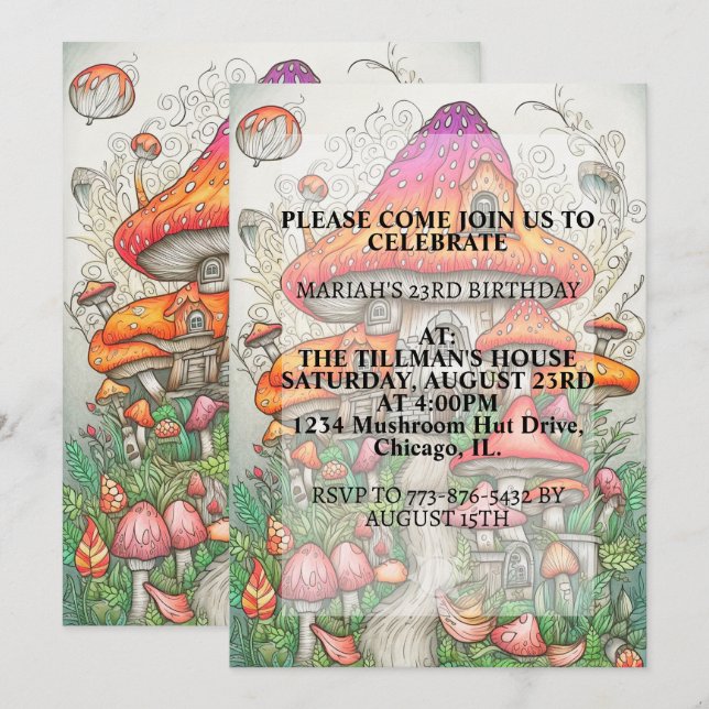 Invitation Creative Mushroom Dwelling Art Anniversaire (Devant / Derrière)