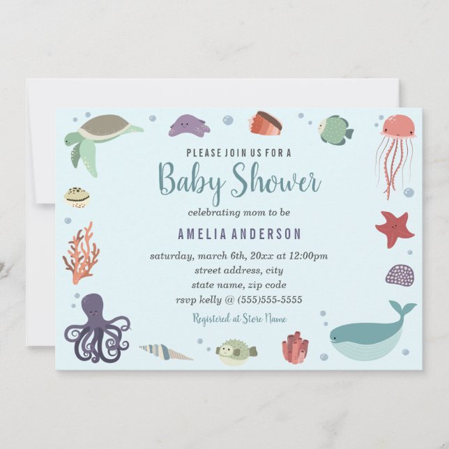 Invitation Créatures de mer douce Baby shower bleu corail (Devant)