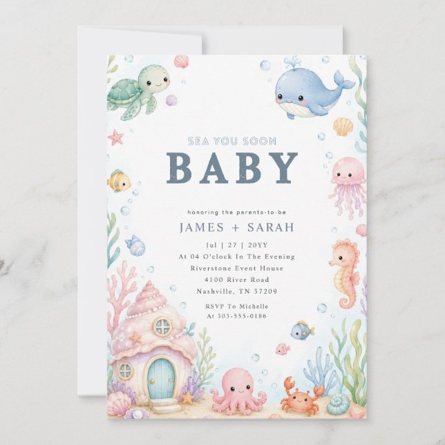 Invitation Créatures Marines Mignonnes À Bientôt Baby Shower (Devant)
