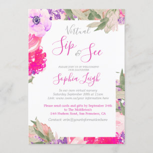 Invitation Crèche virtuelle Sip and See Baby Floral Rose rose