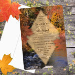 Invitation Creekside woods maple leaves autumn wedding<br><div class="desc">This autumn wedding invitation card features the image of a rocky stream coursing through a sunny wooded area that is filled with slender paper birch trees and maples showing off their splendid fall colors of red, orange and gold - semitransparent maple leaf graphics accent a semitransparent diamond shape graphic that...</div>