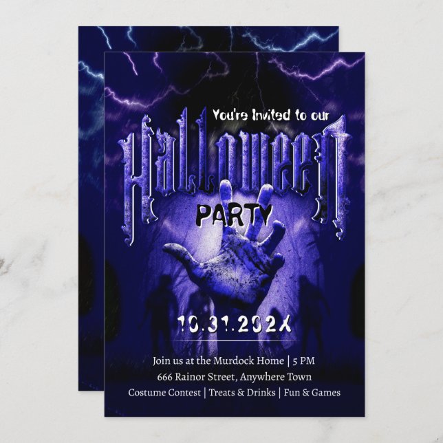Invitation Creepy Halloween Party Zombies Blue Scary Night (Devant / Derrière)