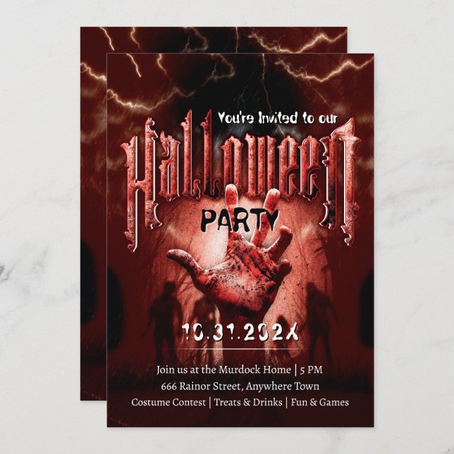 Invitation Creepy Halloween Party Zombies Red Scary Night (Devant / Derrière)