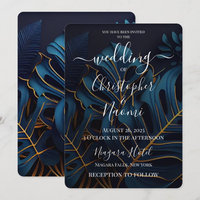 Invitation Créez votre propre Mariage Feuille Dark Blue & Gol (Devant / Derrière)