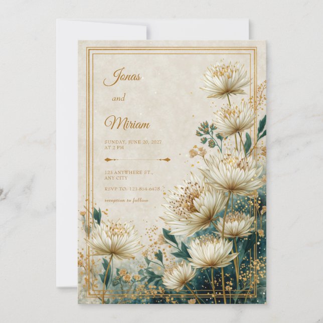 Invitation Crème Astrantia sarcelle dorée à l'aquarelle pour  (Devant)