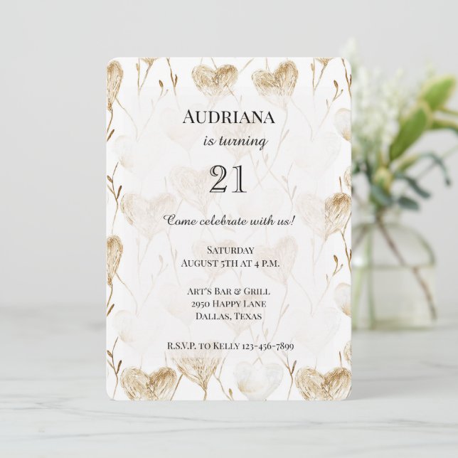 Invitation Crème beige Brown Coeurs blancs Boho Anniversaire (Debout devant)