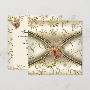 Invitation Crème beige dorée élégante en damas caramel