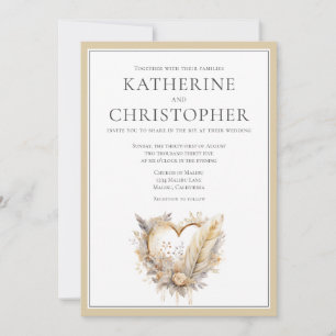 Invitation Crème beige Gris Plumes Coeur Boho Mariage