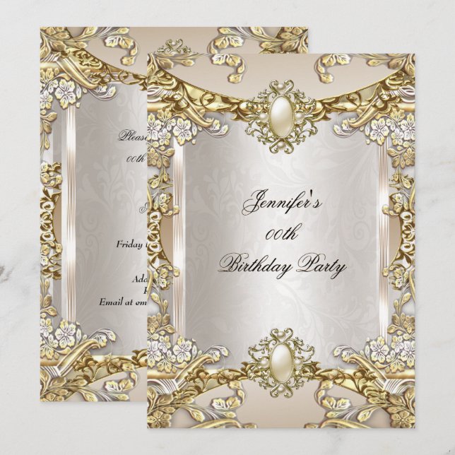 Invitation Crème Beige Or Perle Damassé Fête d'anniversaire 2 (Devant / Derrière)