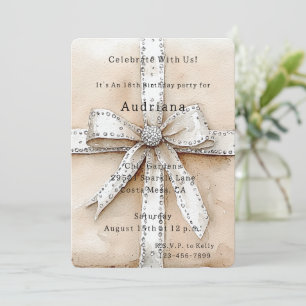 Invitation Crème Blanc Argent Glitzy Glam Bow anniversaire