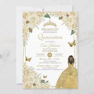 Invitation Crème Blanc Or Floral Butterfly Rose Quinceanera