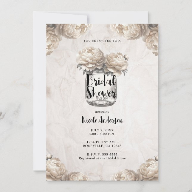 Invitation Crème Blanc Pivoine Pot Mason Rustique Réception d (Devant)