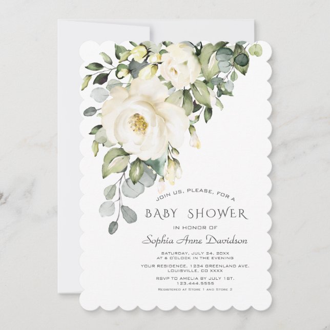 Invitation Crème blanche Aquarelle Floral Girl Baby shower (Devant)