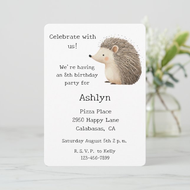 Invitation Crème blanche Brown mignonne Hérisson animal anniv (Debout devant)