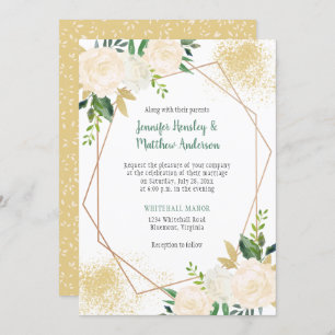 Invitation Crème blanche Roses géométriques Gold Géométrique