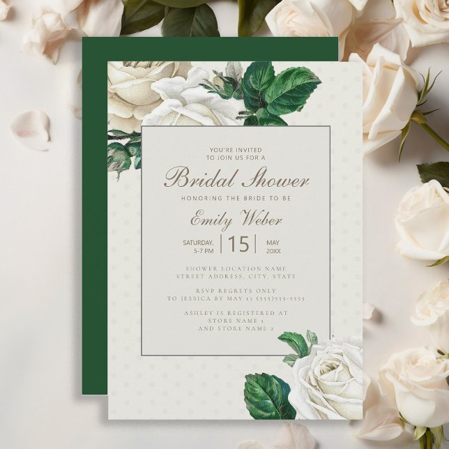 Invitation Crème Blanche Vintage Fleurie Mariage (Elegant vintage white roses bridal shower invitation)