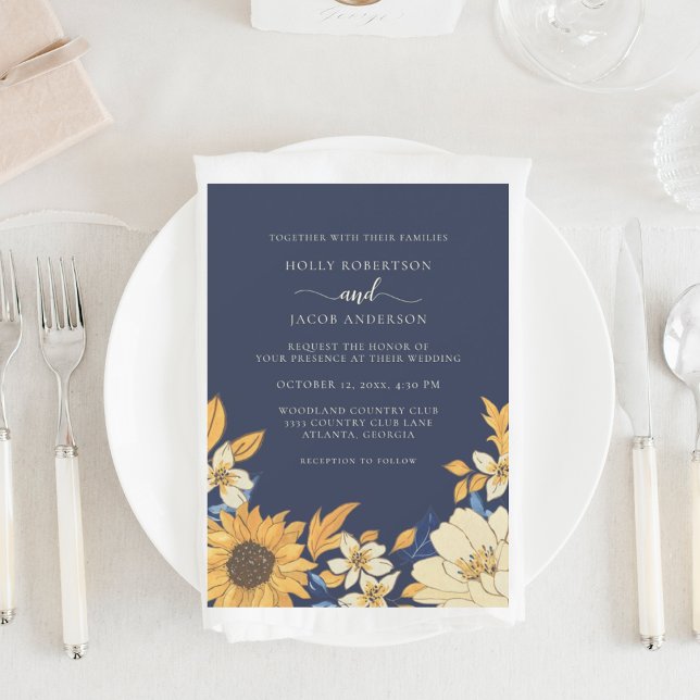 Invitation Crème bleu rustique Mariage de fleurs de tournesol (Créateur téléchargé)