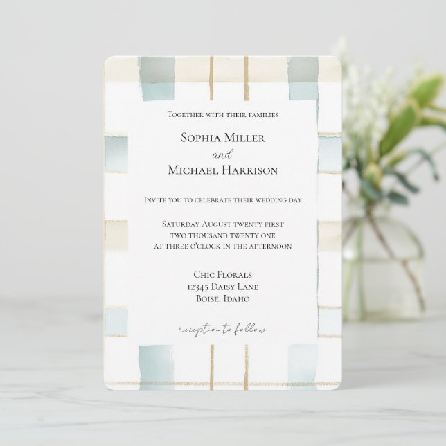 Invitation Crème Bleue Blanc Plaid Stripes Mariage (Debout devant)
