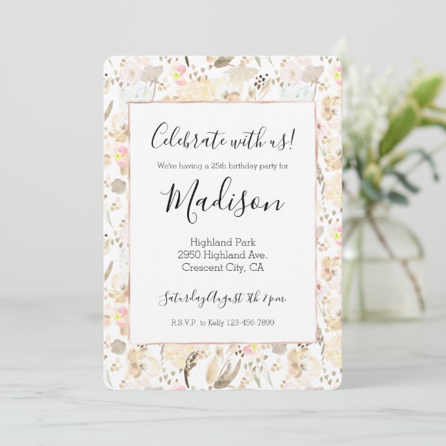 Invitation Crème Blush rose Floral Anniversaire (Debout devant)