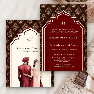 Invitation Crème Bourgogne Brown Ikat Anand Karaj Sikh Mariag