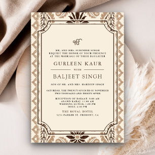 Invitation Crème Brown Beige Ikat Anand Karaj Sikh Mariage