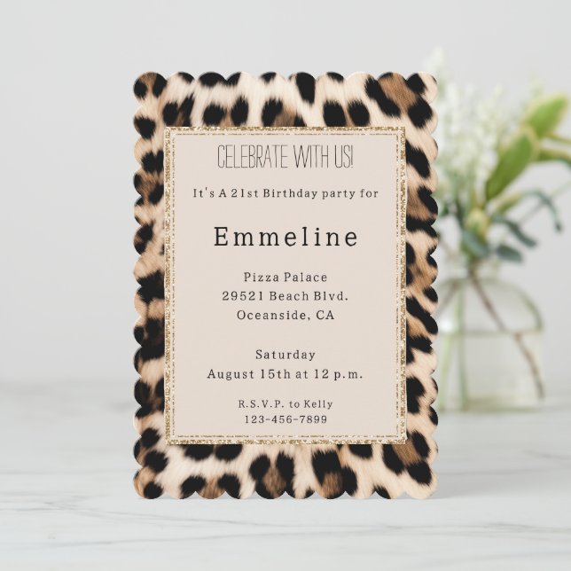 Invitation Crème Brown Black Leopard Parties scintillant or (Debout devant)