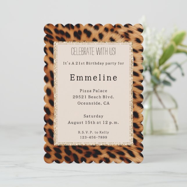 Invitation Crème Brown Black Leopard Parties scintillant or (Debout devant)