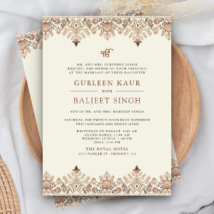 Invitation Crème Brown Ikat Anand Karaj Sikh Mariage