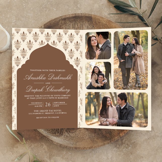 Invitation Crème Brown Ikat Tous en un Mariage indien (Créateur téléchargé)