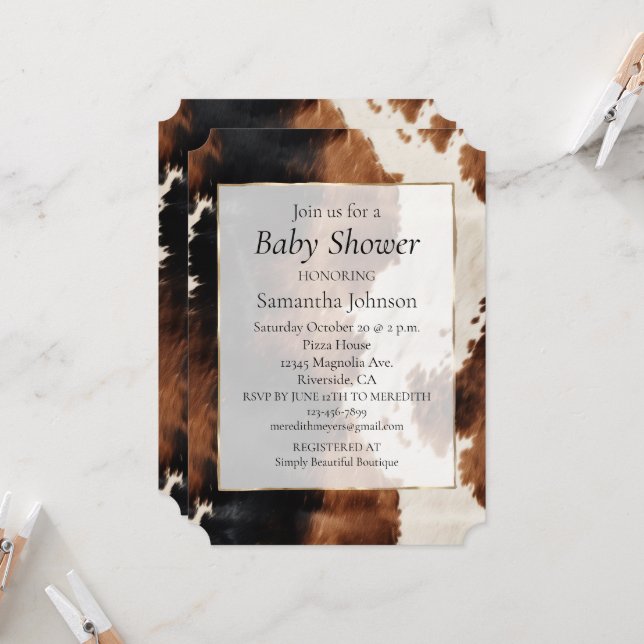 Invitation Crème Brown Noir Sud-Ouest Cowboy Cowgirl Cowhide (Devant/Arrière en situation)