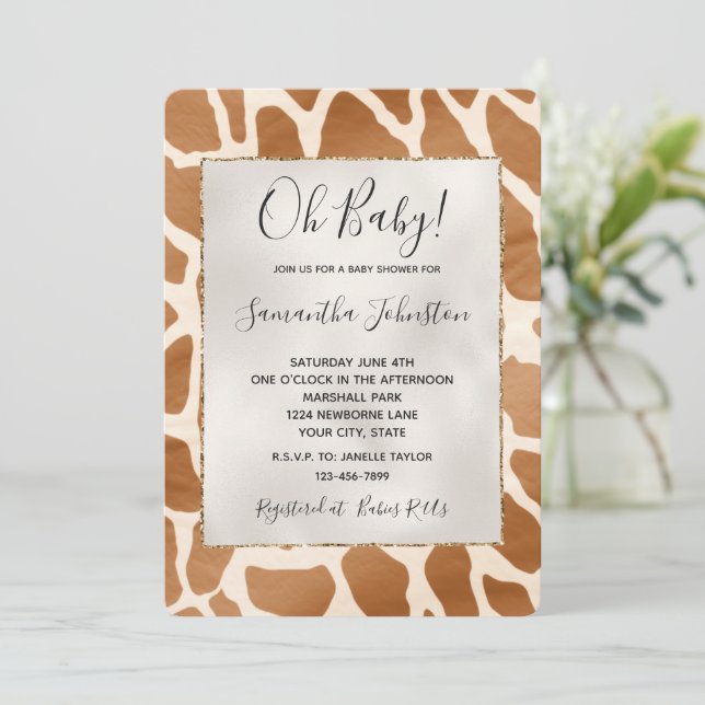 Invitation Crème Brown Safari Giraffe Baby shower animal (Debout devant)
