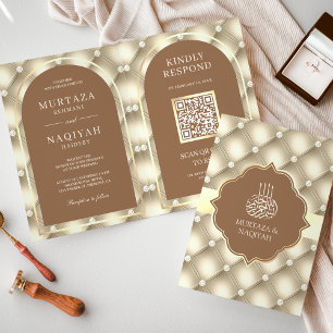 Invitation Crème Brown Tufted Motif QR Code Mariage musulman