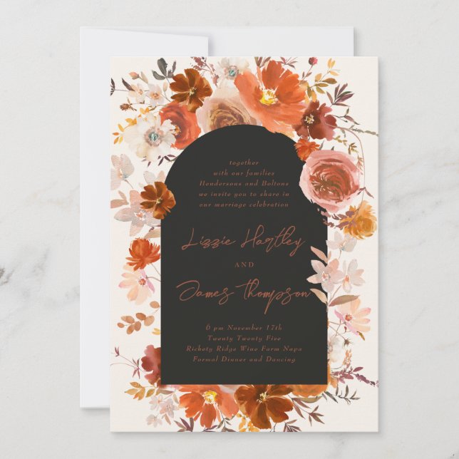 Invitation Crème Brûlé Orange Floral Mariage Arc Botanique (Devant)