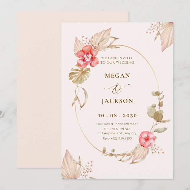 Invitation Crème calme floral élégant mariage (Devant / Derrière)