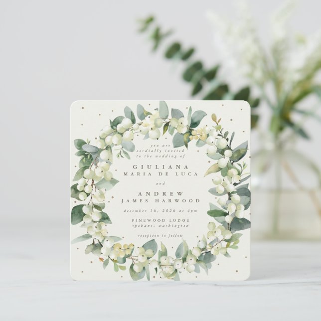 Invitation Crème carré Snowberry + Eucalyptus Wreath Mariage (Debout devant)