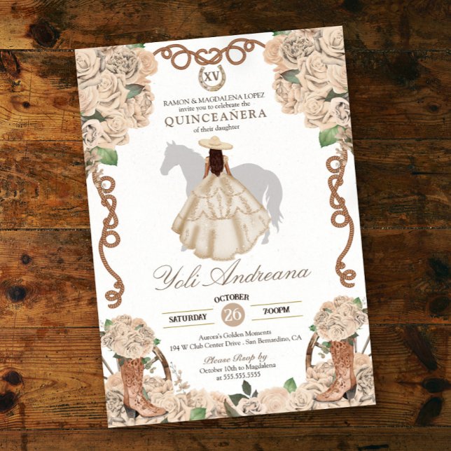 Invitation Crème Champagne Rose Charro Vestidos Quinceanera (Créateur téléchargé)