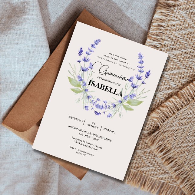 Invitation Crème chic et lavande violet Quinceañera (Créateur téléchargé)