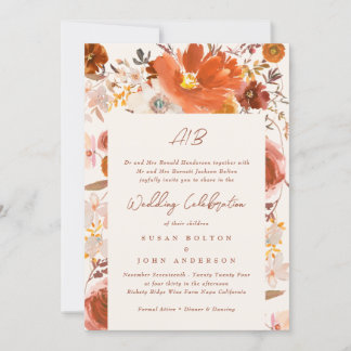 Invitation Crème claire Terracotta Monogramme Frontière flora